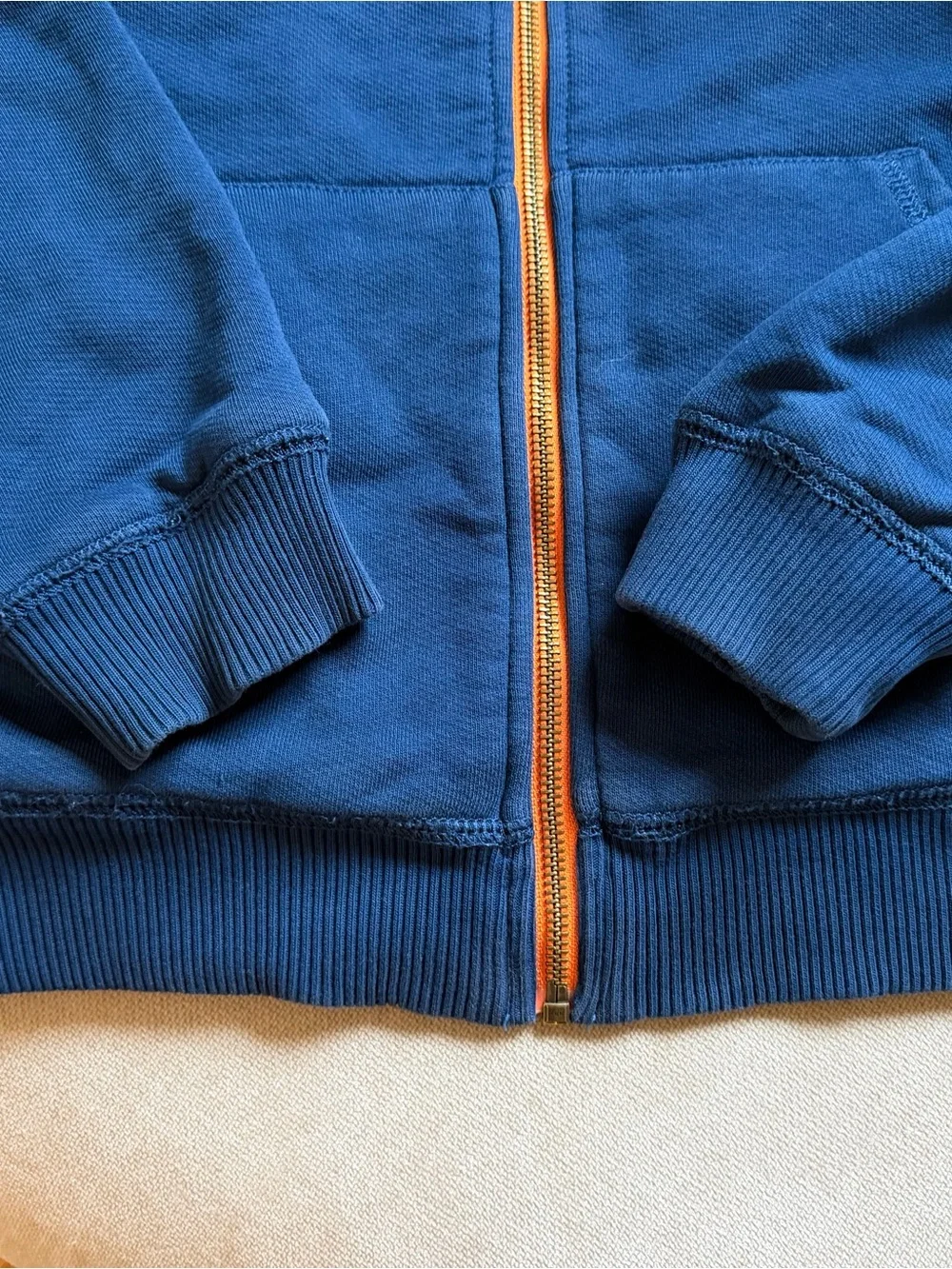 Mini Boden Navy Blue Hoodie w. Orange Zipper + Sherpa Lining - Sz 9-10 GUC